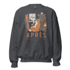 Dark heather gray sweatshirt with a graphic of a cat by a fireplace and 'APRES ALL DAY' text.