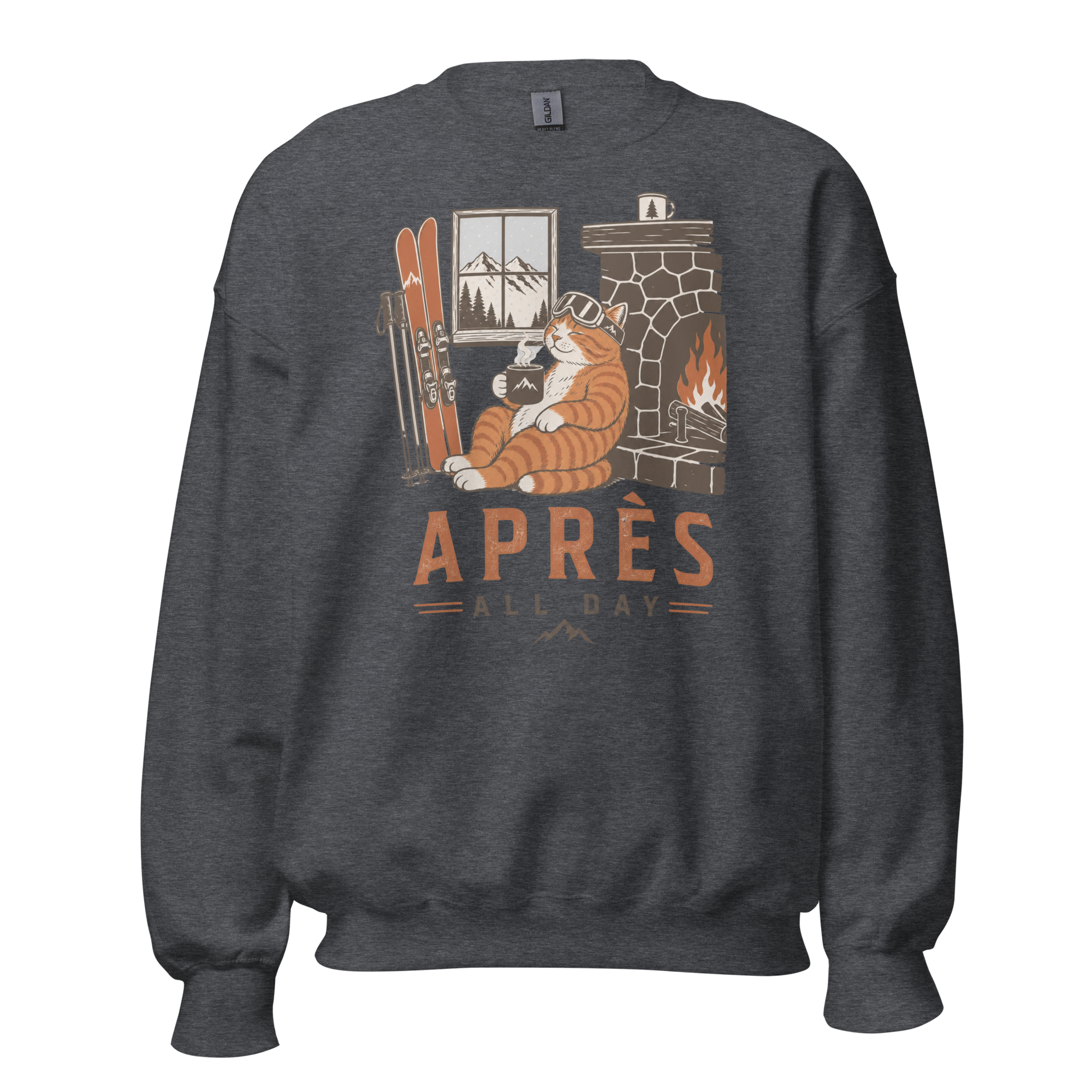 Dark heather gray sweatshirt with a graphic of a cat by a fireplace and 'APRES ALL DAY' text.