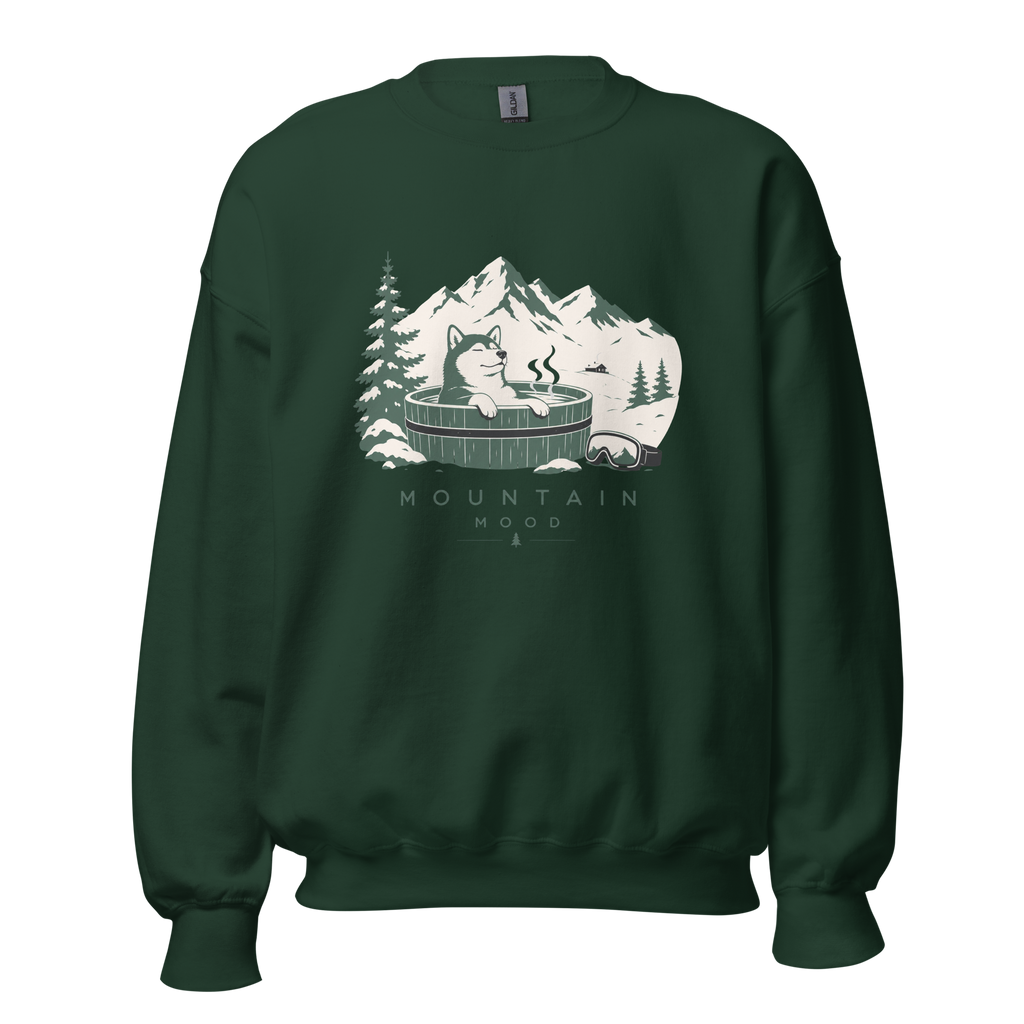 Forest green sweatshirt with mountain and hot tub graphic on a white background