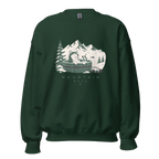 Forest green sweatshirt with mountain and hot tub graphic on a white background