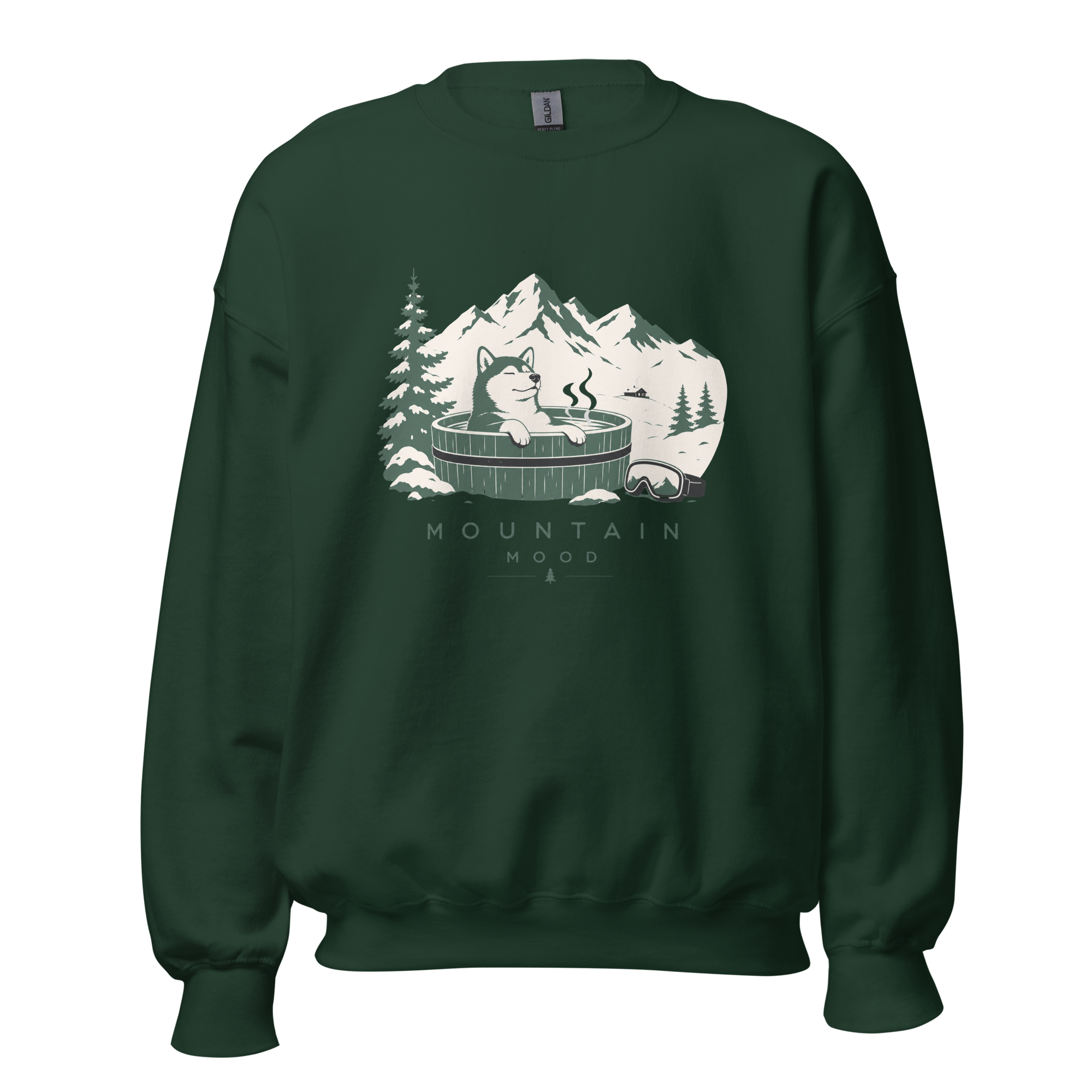 Forest green sweatshirt with mountain and hot tub graphic on a white background