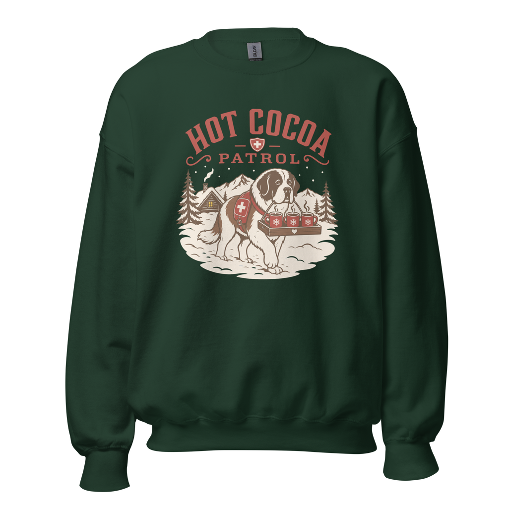 Forest green sweatshirt with 'Hot Cocoa Patrol' graphic on a white background