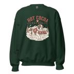 Forest green sweatshirt with 'Hot Cocoa Patrol' graphic on a white background