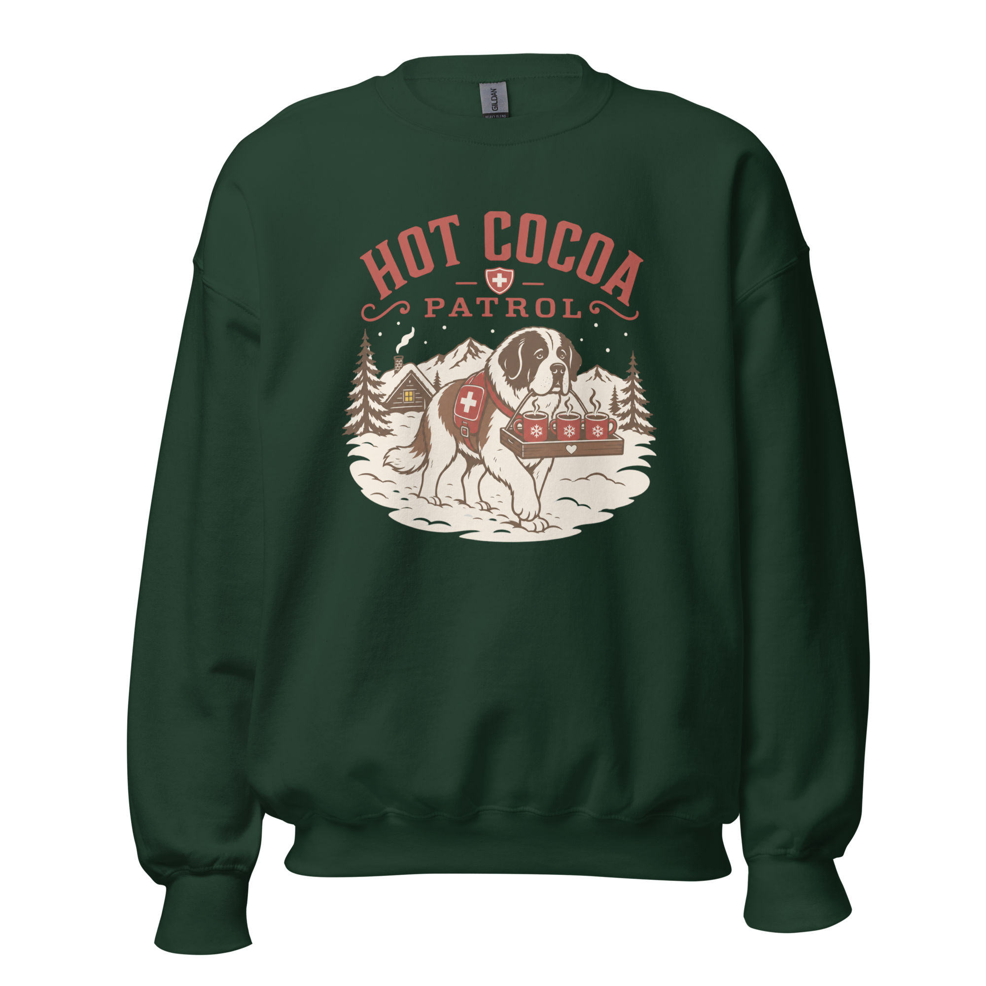 Forest green sweatshirt with 'Hot Cocoa Patrol' graphic on a white background