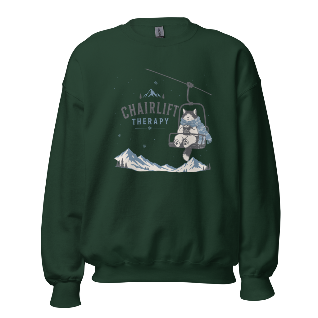 Forest green sweatshirt with a graphic of a cat in a chairlift and mountain text on a white background