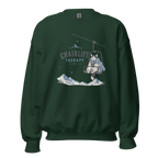 Forest green sweatshirt with a graphic of a cat in a chairlift and mountain text on a white background