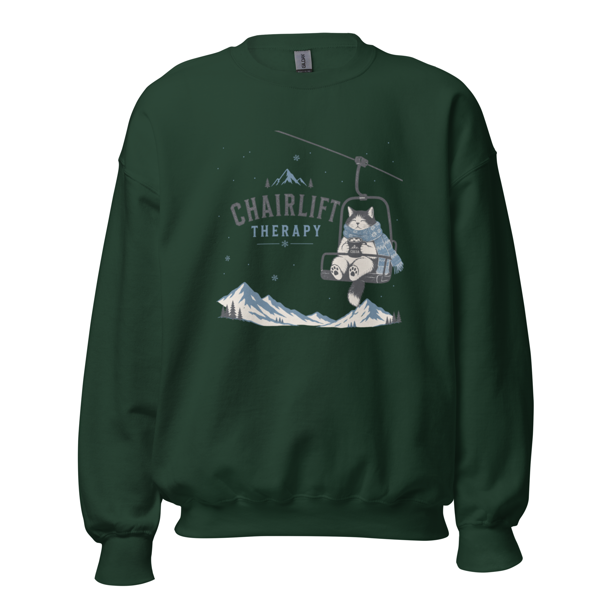 Forest green sweatshirt with a graphic of a cat in a chairlift and mountain text on a white background