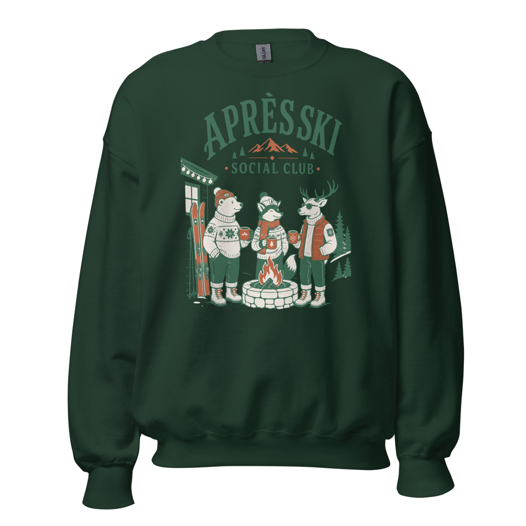 Forest green sweatshirt with 'Apres Ski Social Club' graphic.