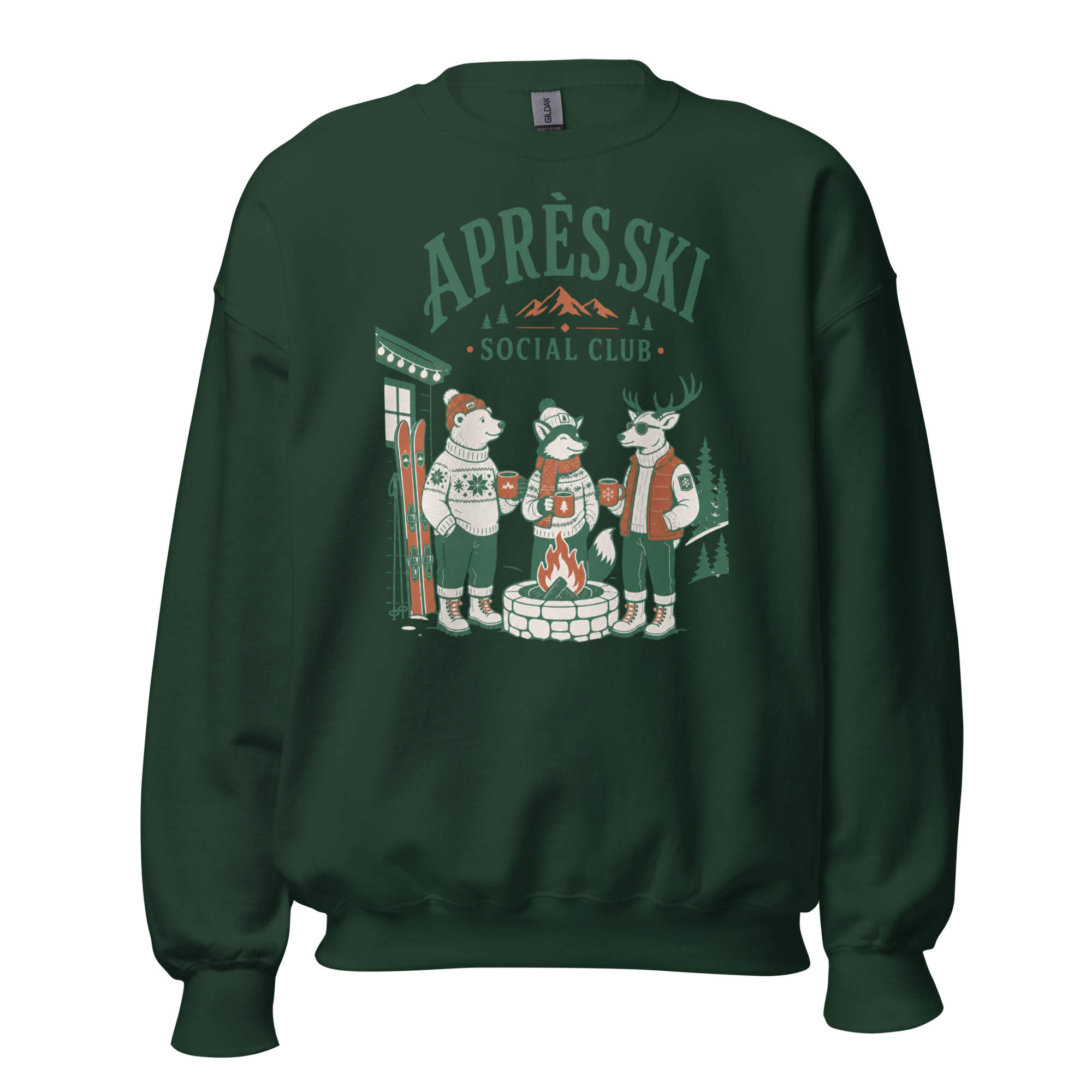 Forest green sweatshirt with 'Apres Ski Social Club' graphic.