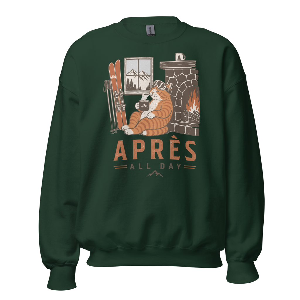 Forest green sweatshirt with a graphic of a cat by a fireplace and 'APRES ALL DAY' text on a white background.