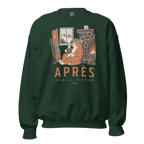 Forest green sweatshirt with a graphic of a cat by a fireplace and 'APRES ALL DAY' text on a white background.