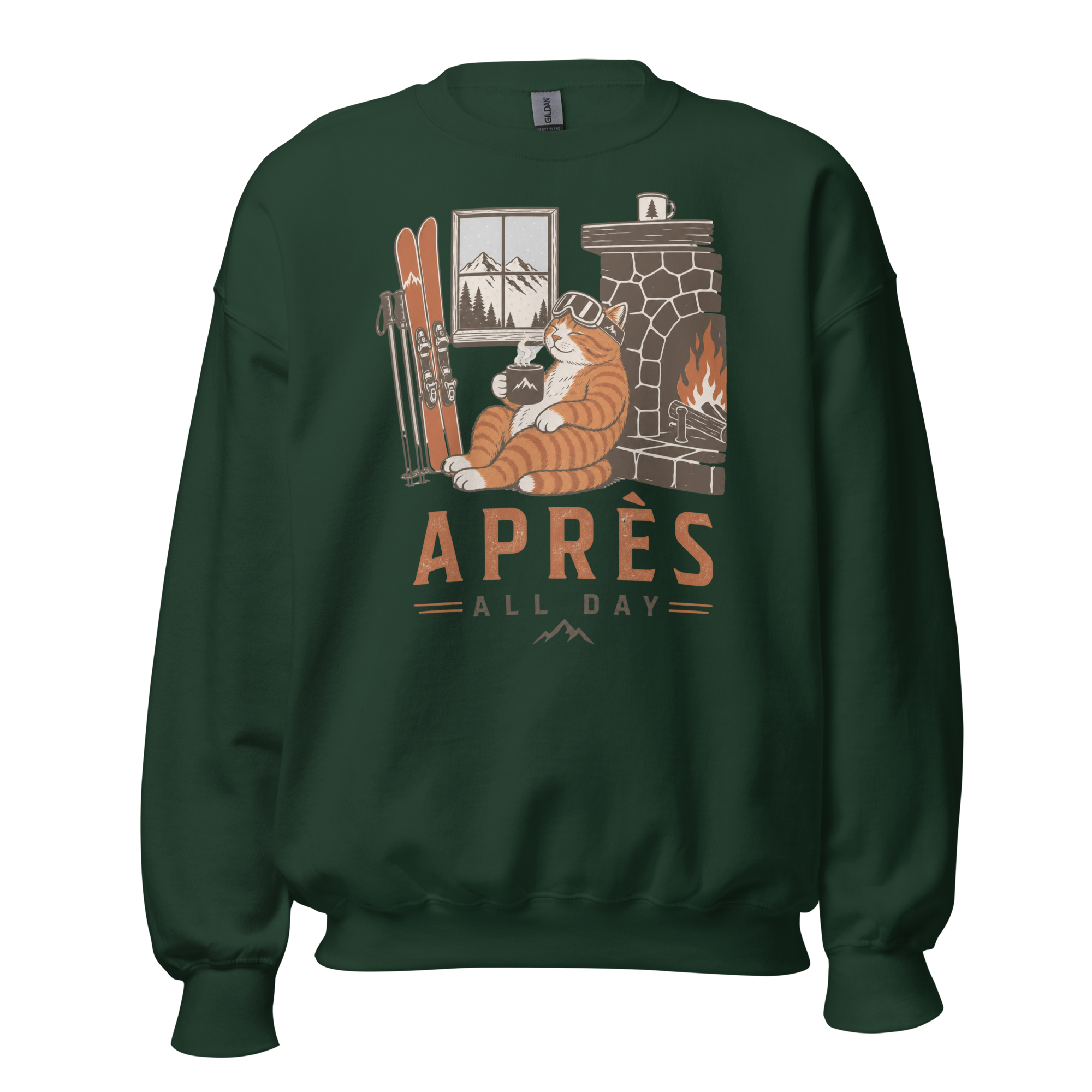 Forest green sweatshirt with a graphic of a cat by a fireplace and 'APRES ALL DAY' text on a white background.