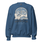 Indigo blue sweatshirt with a graphic of a dog by a window and 'Snowed In & Loving It' text on a white background.