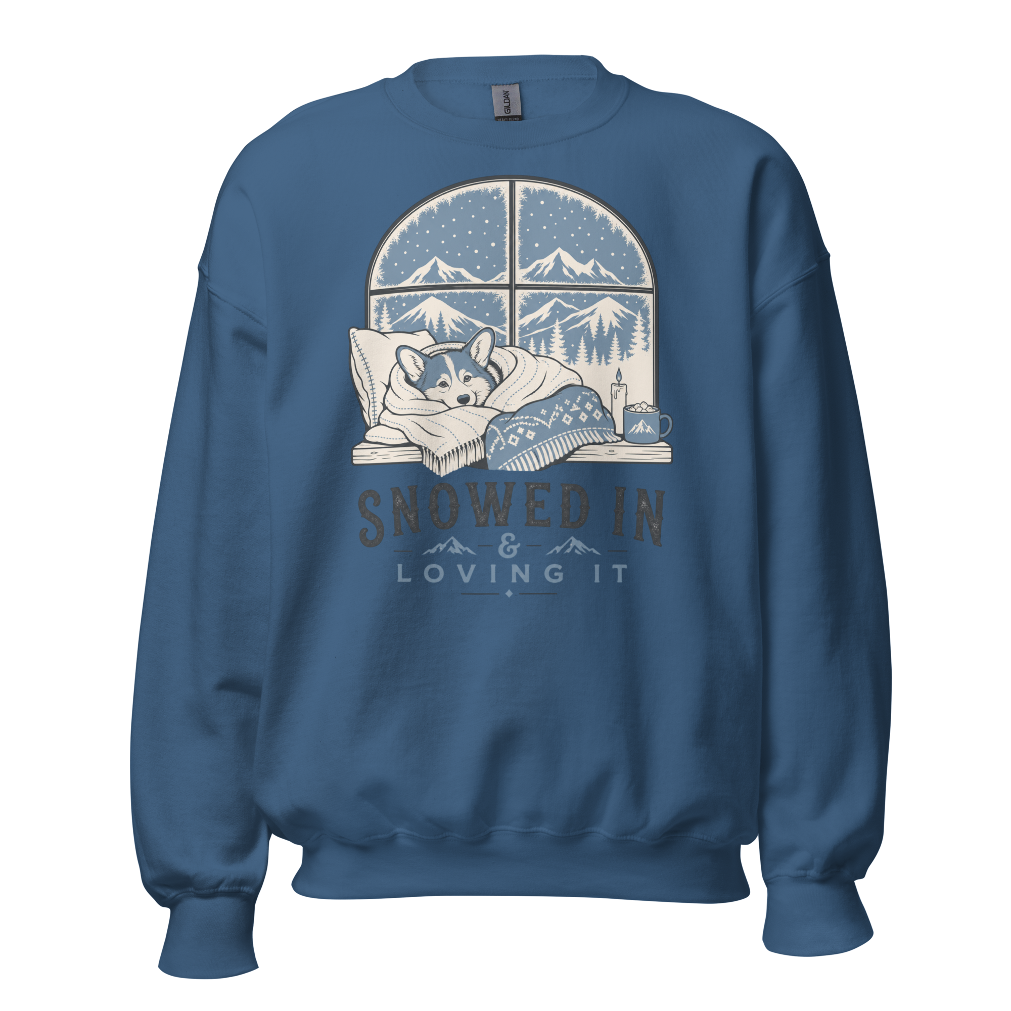Indigo blue sweatshirt with a graphic of a dog by a window and 'Snowed In & Loving It' text on a white background.