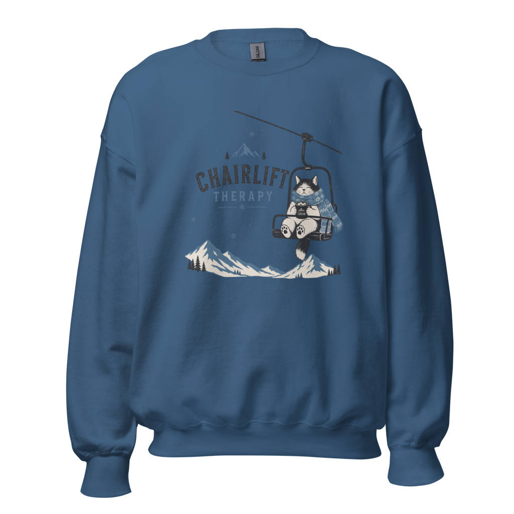 Indigo blue sweatshirt with a graphic of a cat on a chairlift and 'Chairlift Therapy' text on a white background