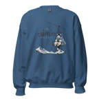 Indigo blue sweatshirt with a graphic of a cat on a chairlift and 'Chairlift Therapy' text on a white background