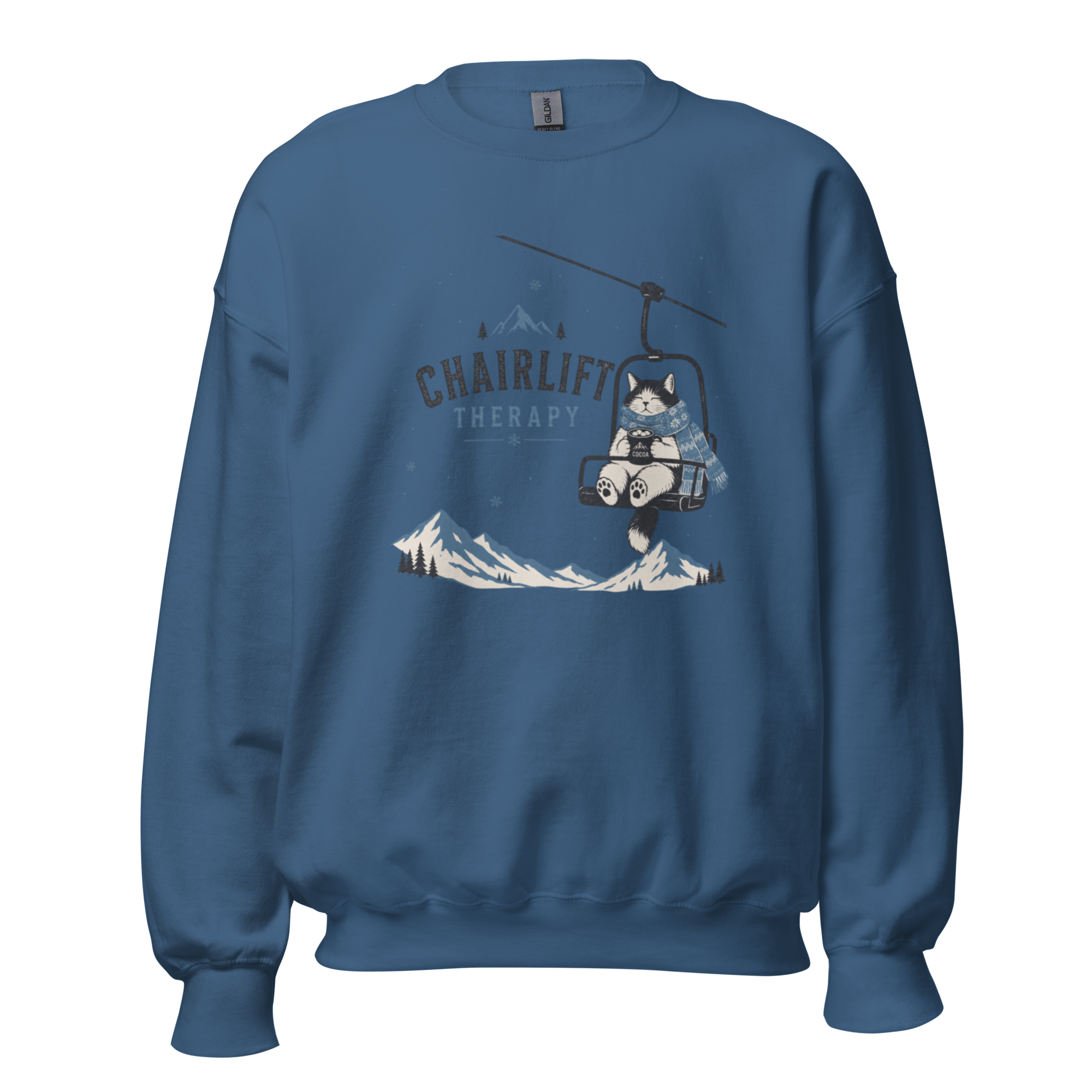 Indigo blue sweatshirt with a graphic of a cat on a chairlift and 'Chairlift Therapy' text on a white background