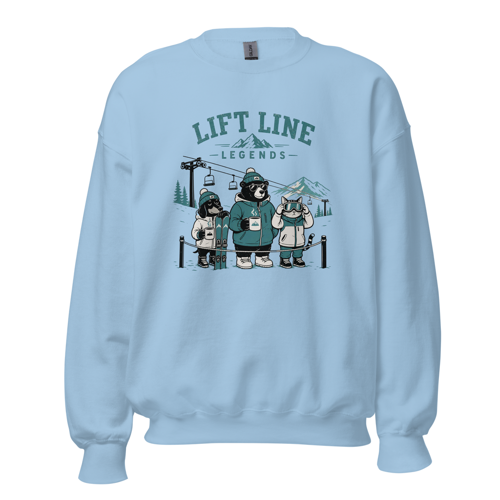 Light blue sweatshirt with bear graphic and 'Lift Line Legends' text on a white background