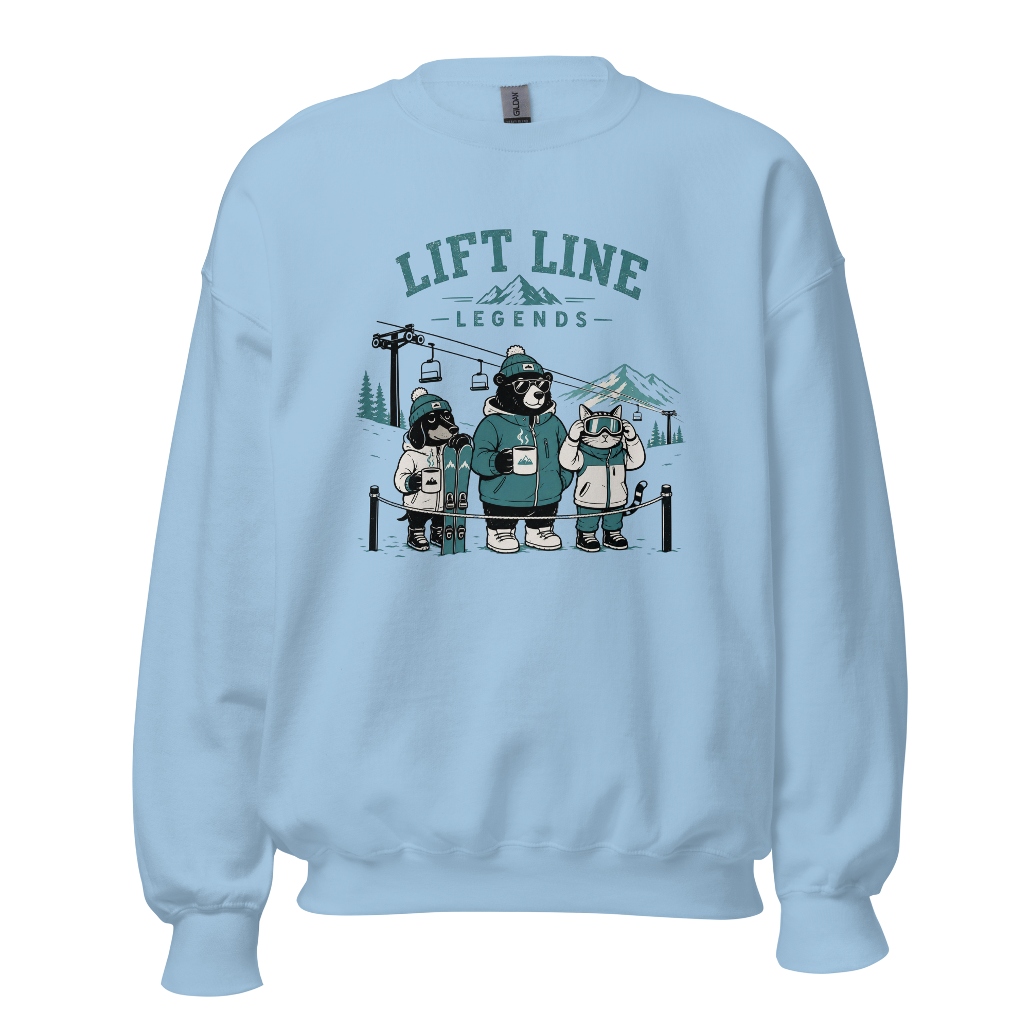 Light blue sweatshirt with bear graphic and 'Lift Line Legends' text on a white background