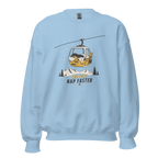 Light blue sweatshirt with a graphic of a gondola lift and text 'Ski Fast Nap Faster' on a white background.
