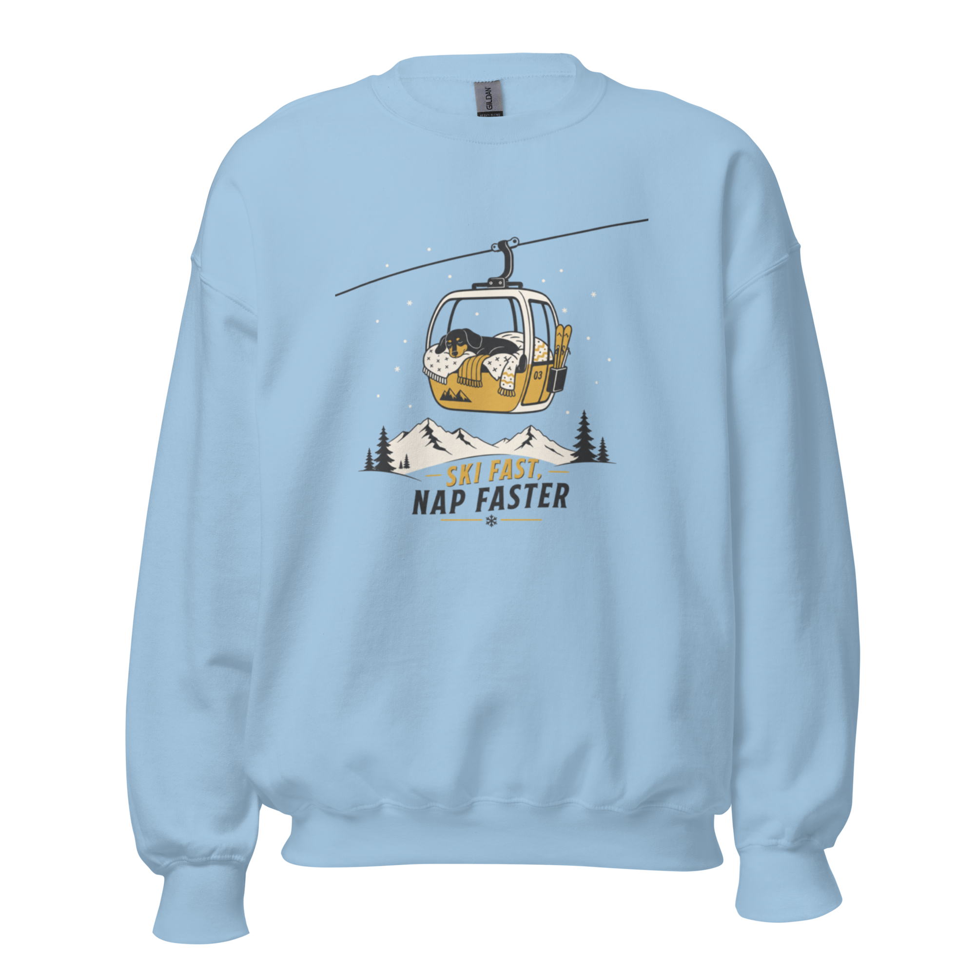 Light blue sweatshirt with a graphic of a gondola lift and text 'Ski Fast Nap Faster' on a white background.
