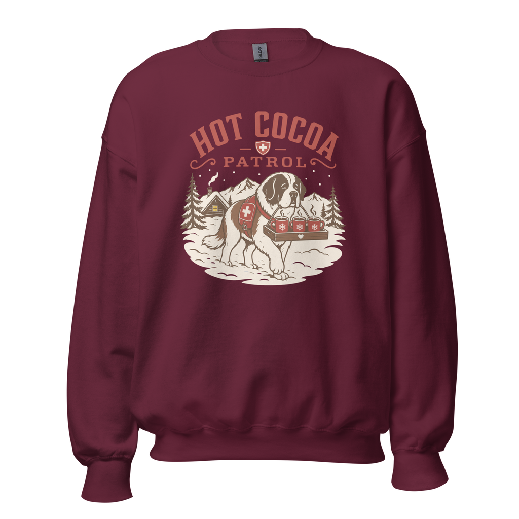Maroon sweatshirt with 'Hot Cocoa Patrol' graphic on a white background