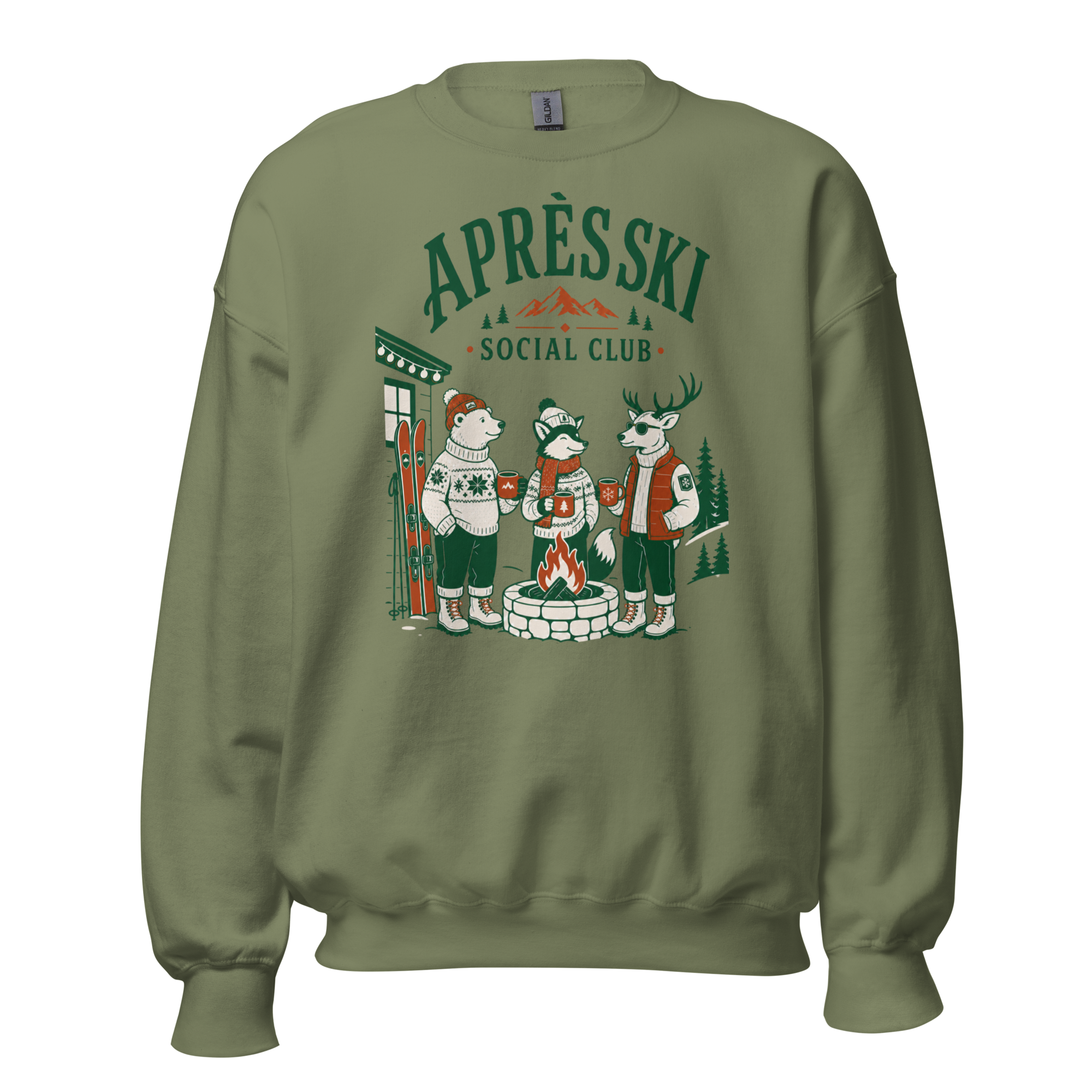 Military green sweatshirt with 'Apres Ski Social Club' graphic