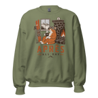 Military green sweatshirt with a cat by a fireplace graphic and 'APRES ALL DAY' text