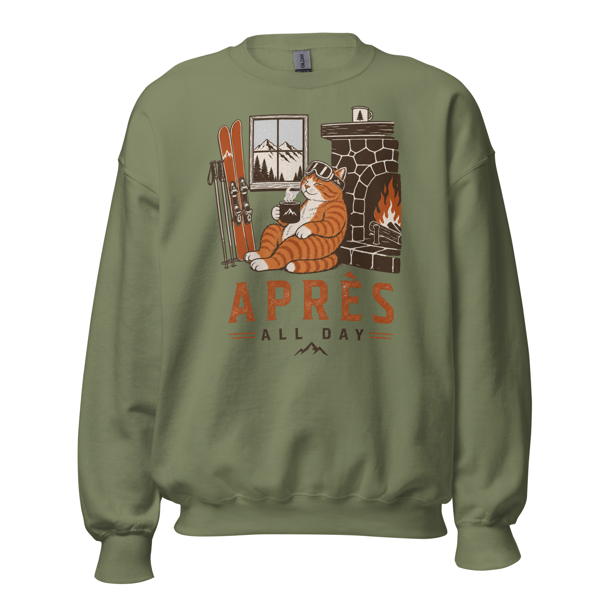 Military green sweatshirt with a cat by a fireplace graphic and 'APRES ALL DAY' text