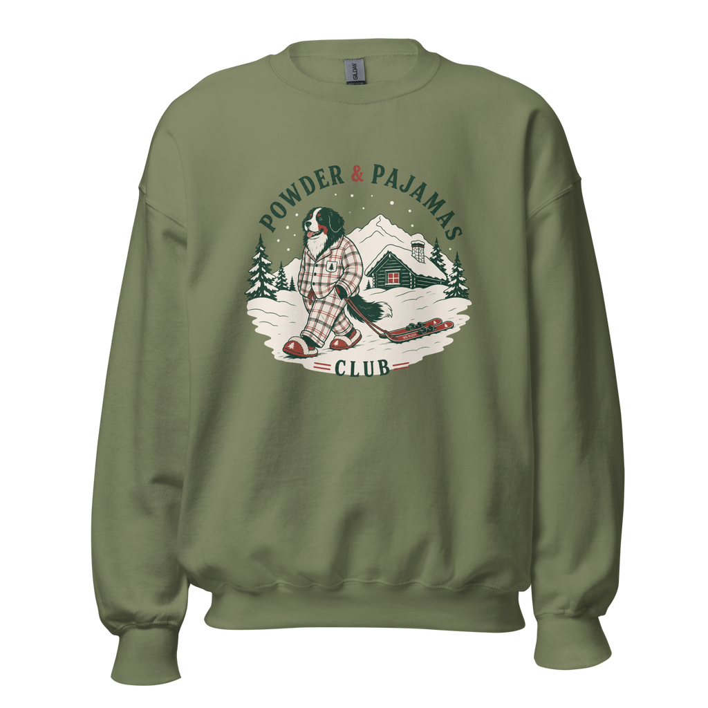 Military green sweatshirt with a winter-themed graphic
