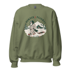 Military green sweatshirt with a winter-themed graphic