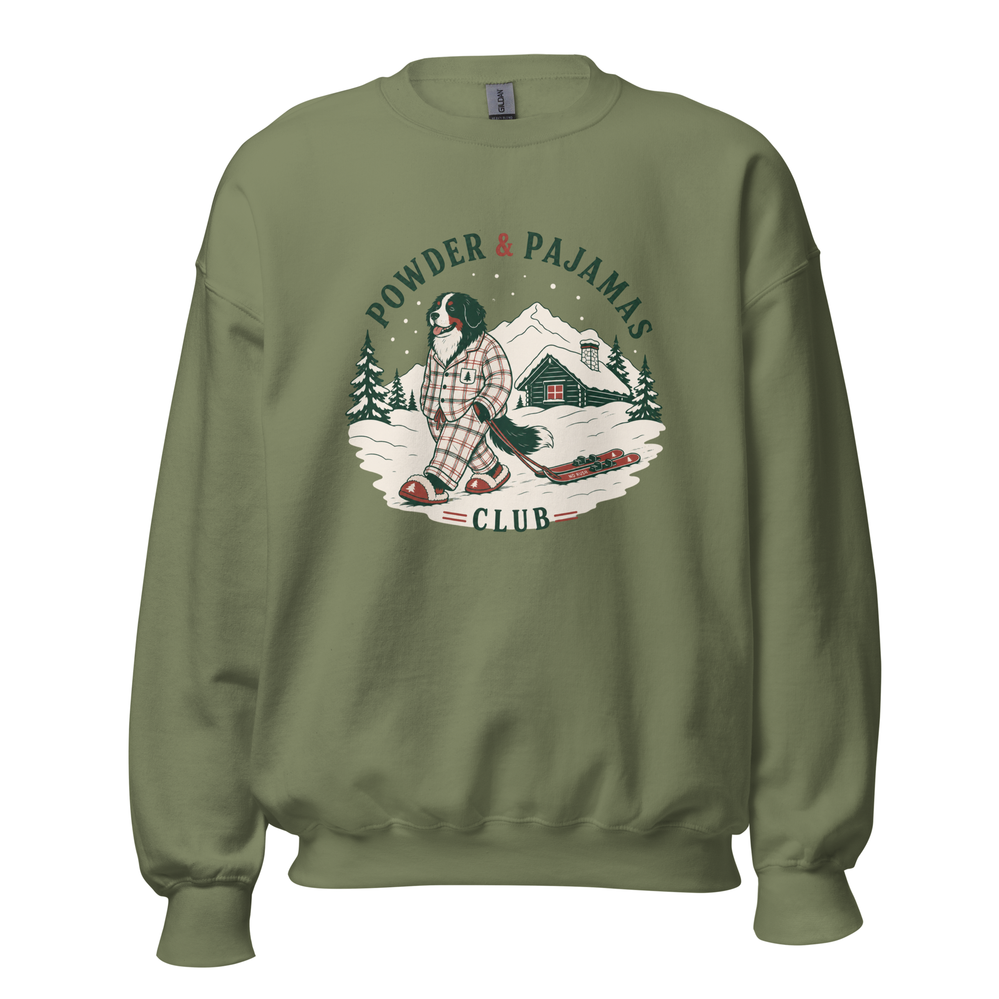 Military green sweatshirt with a winter-themed graphic