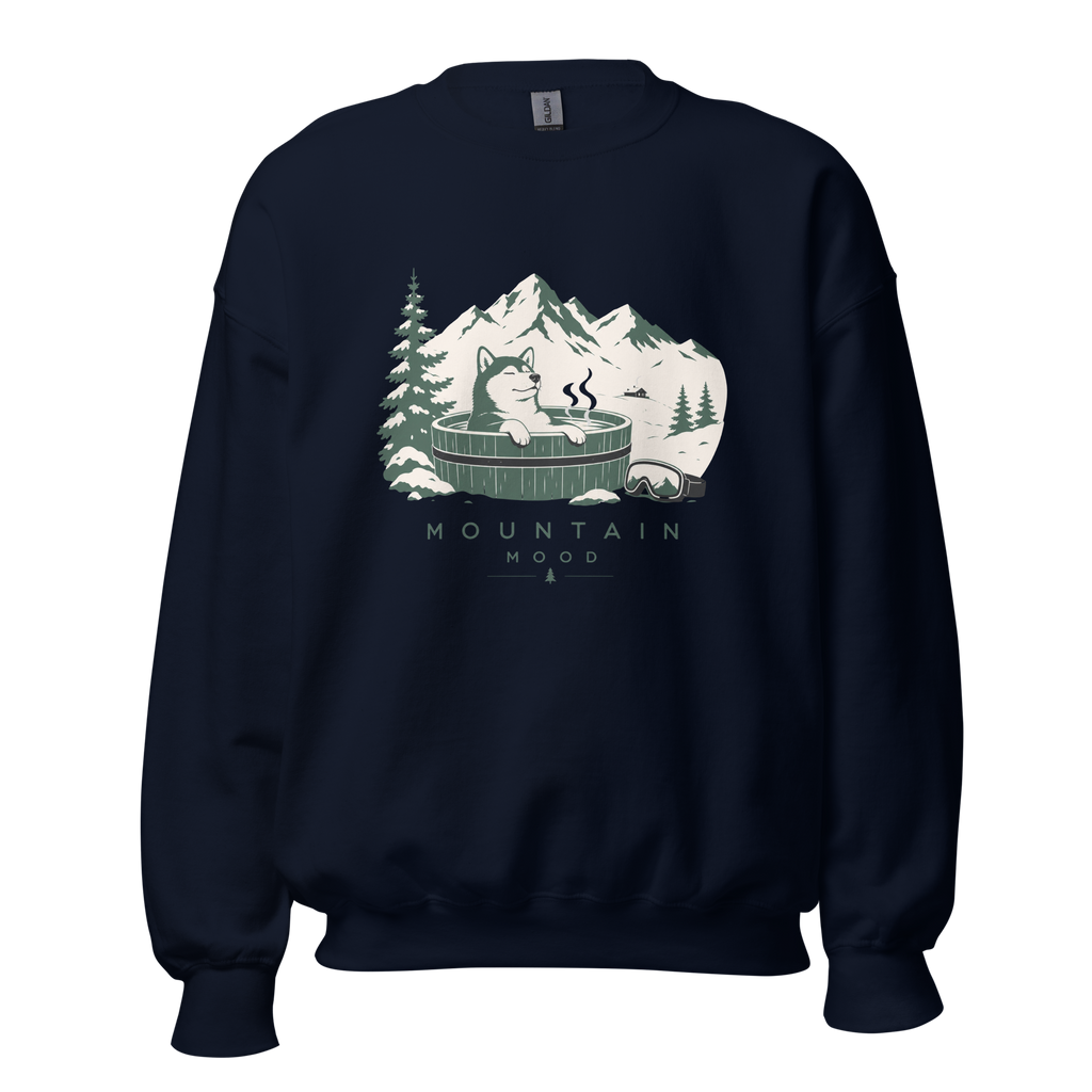 Navy blue sweatshirt with mountain graphic and 'Mountain Mood' text on a white background