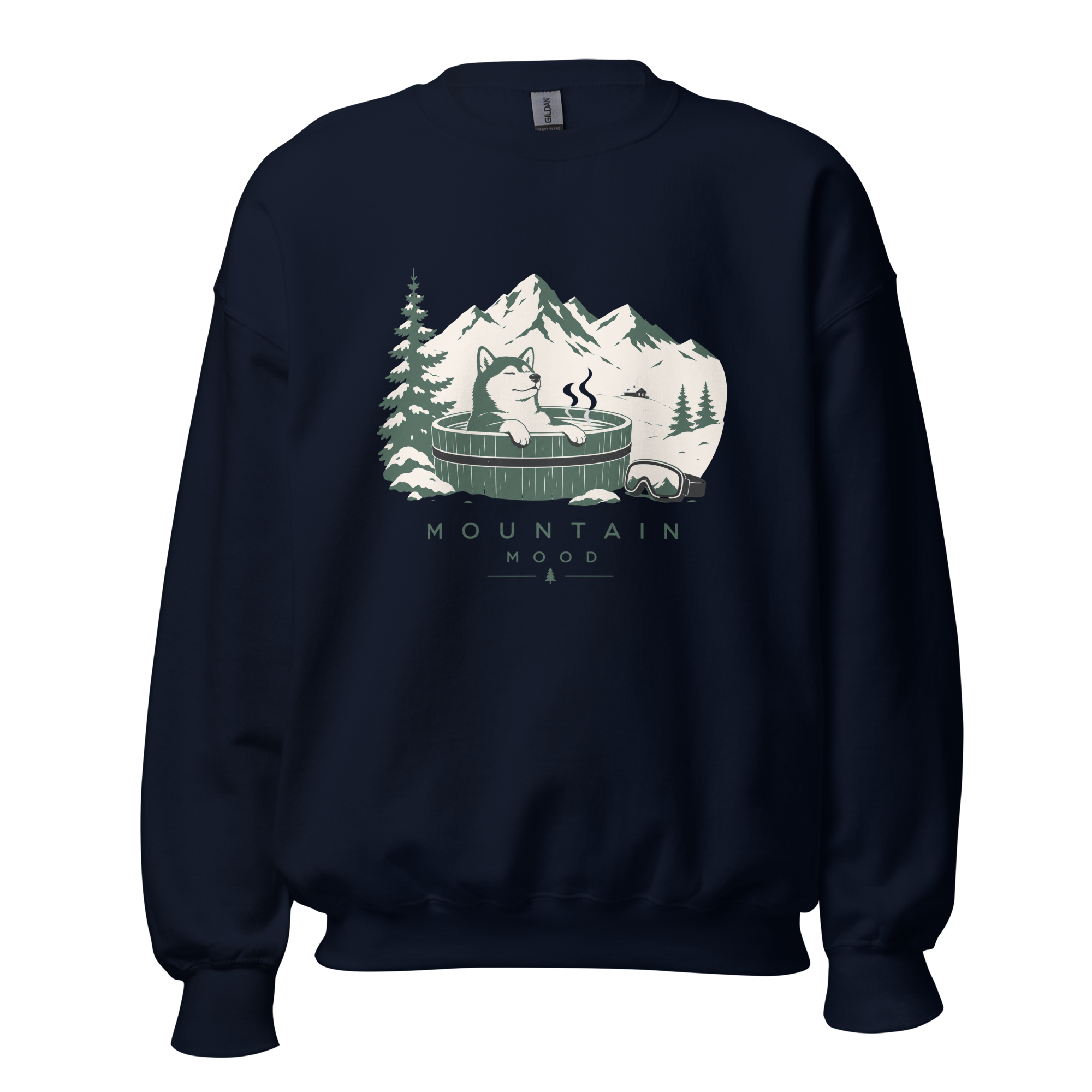 Navy blue sweatshirt with mountain graphic and 'Mountain Mood' text on a white background