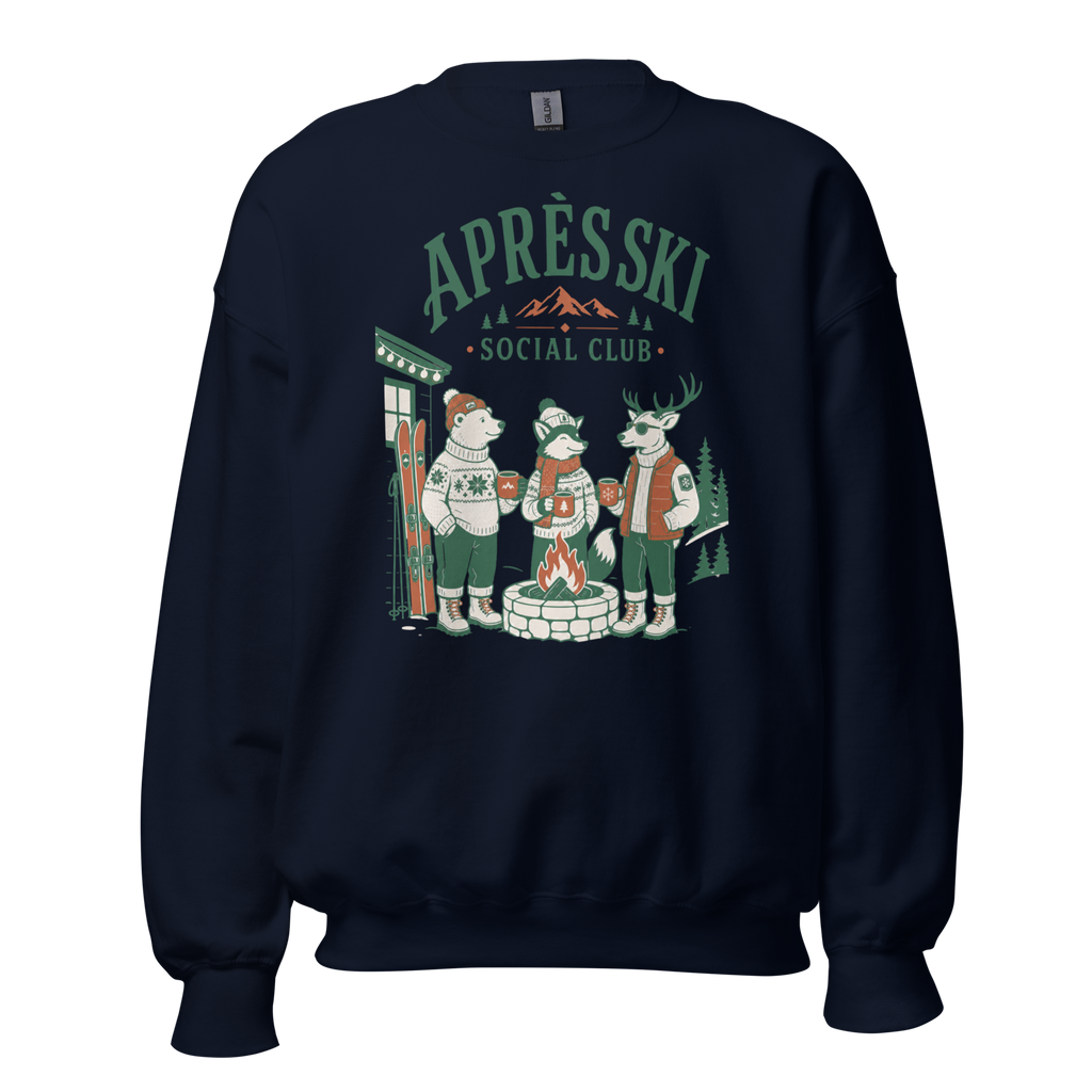 Navy blue sweatshirt with 'Apres Ski Social Club' graphic on a white background