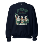 Navy blue sweatshirt with 'Apres Ski Social Club' graphic on a white background