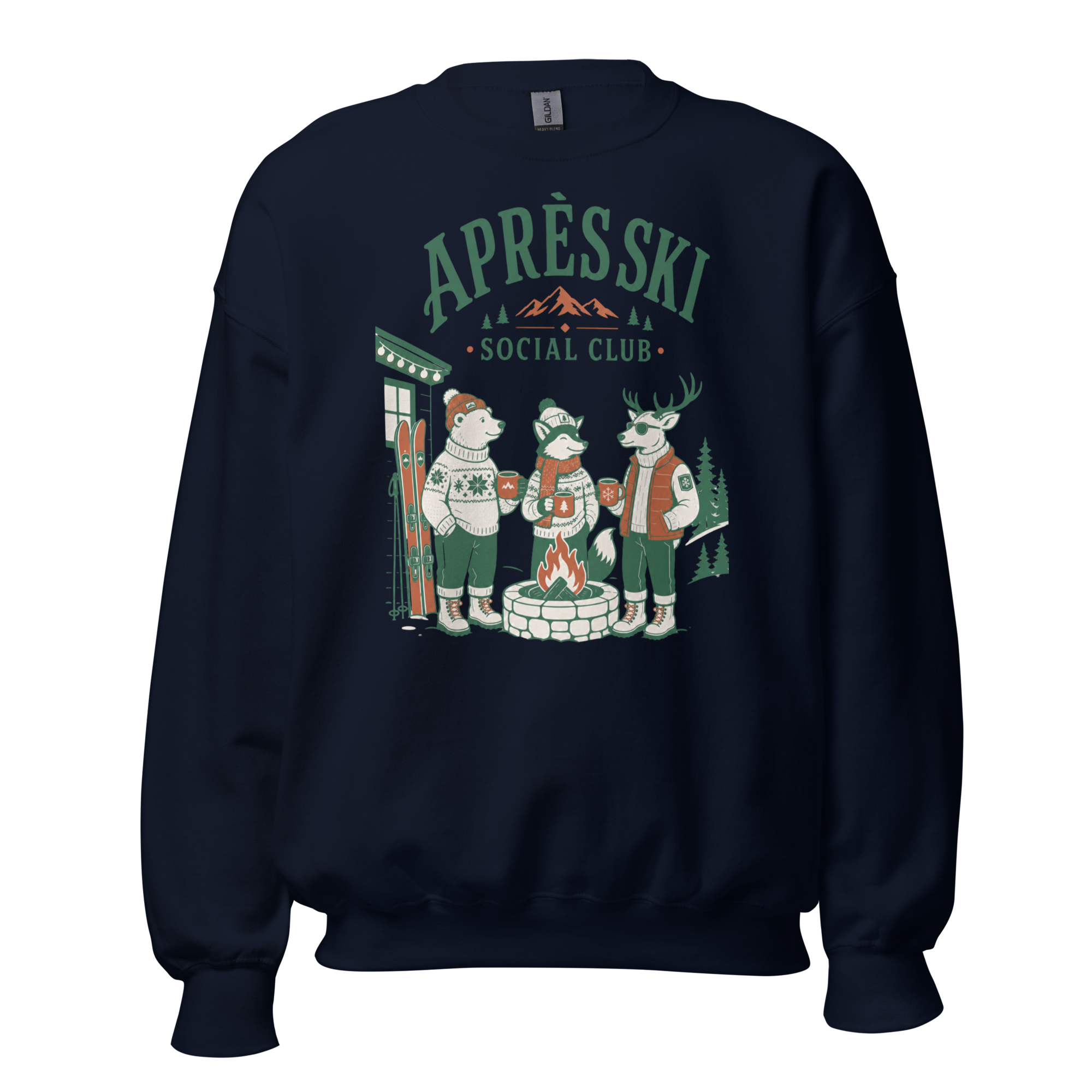 Navy blue sweatshirt with 'Apres Ski Social Club' graphic on a white background