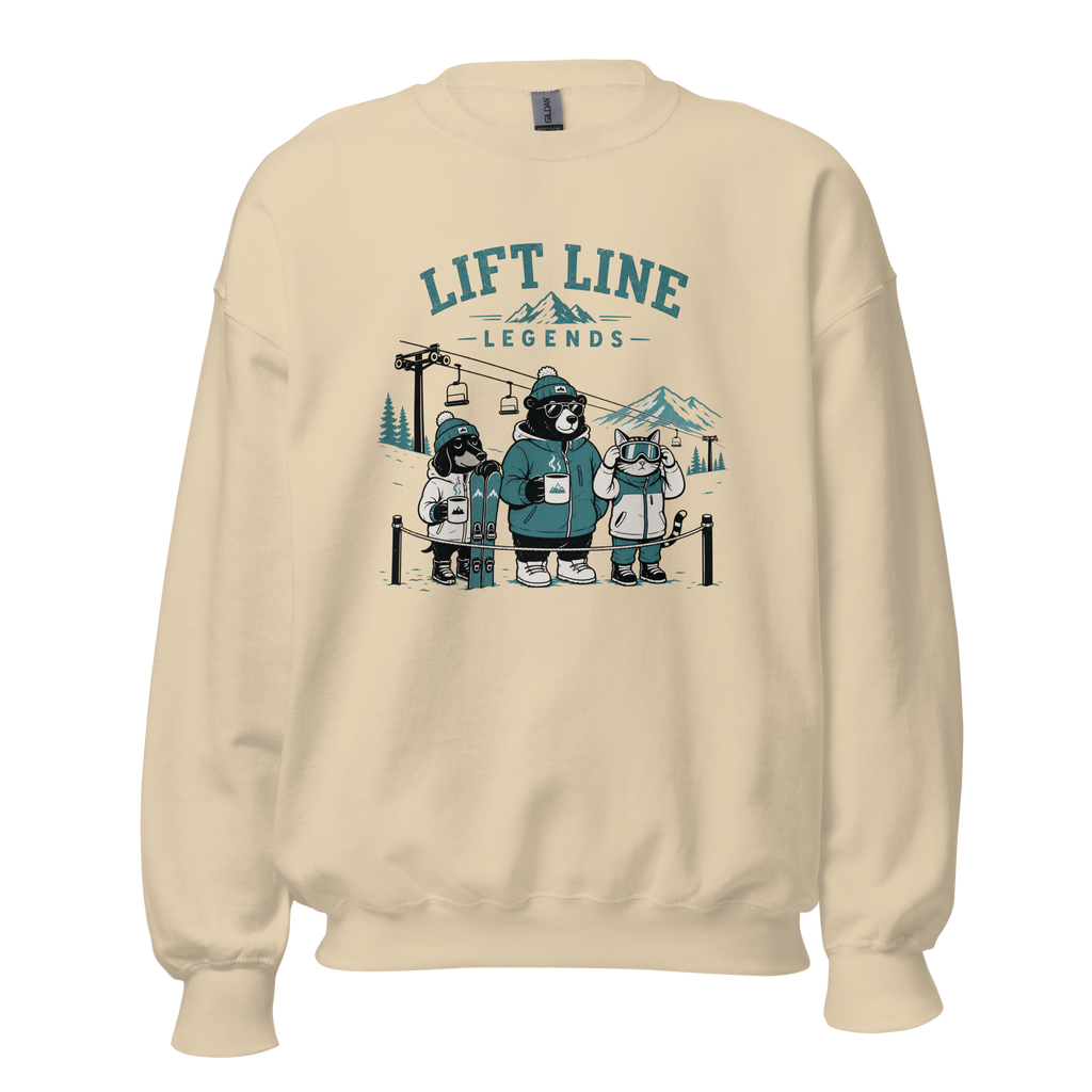 Sand colored sweatshirt with bear graphic and 'Lift Line Legends' text on a white background