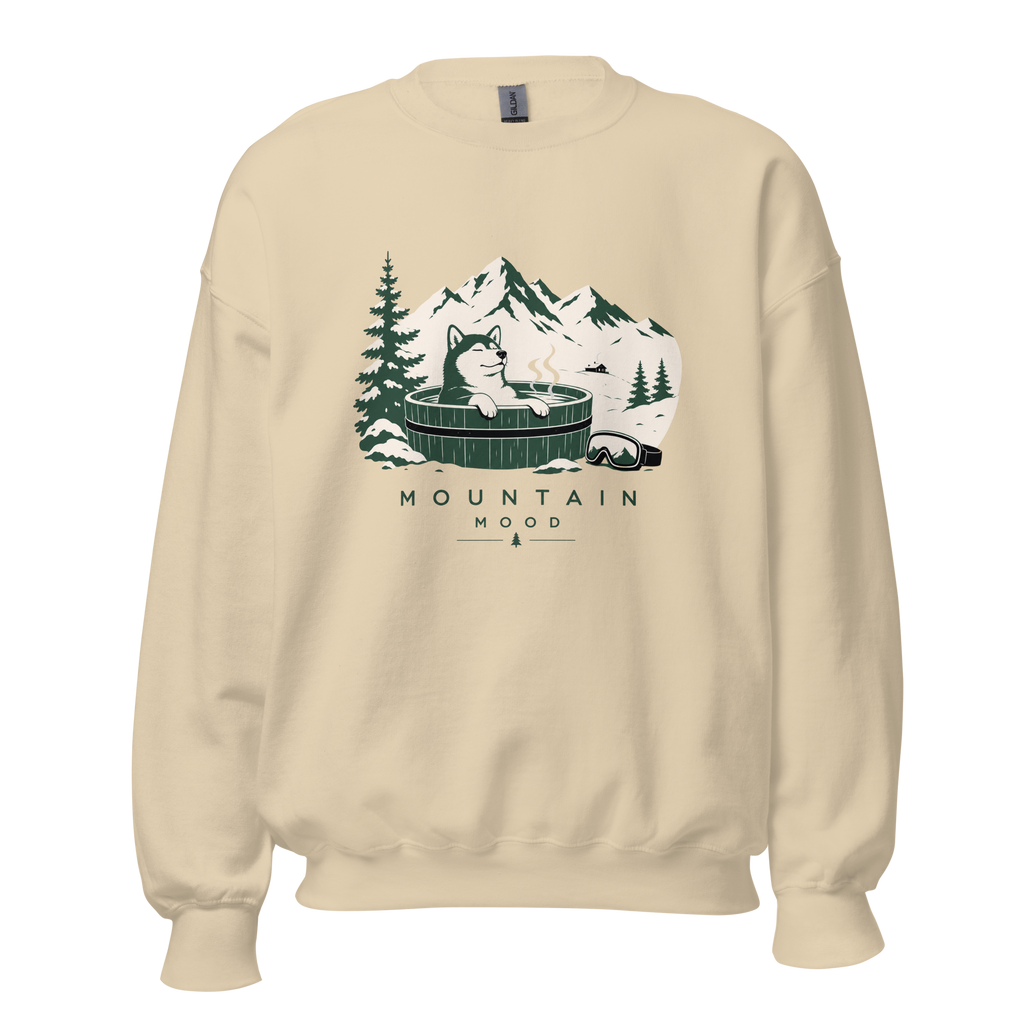 Sand colored sweatshirt with a graphic of a mountain scene and text 'Mountain Mood' on a white background.