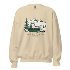 Sand colored sweatshirt with a graphic of a mountain scene and text 'Mountain Mood' on a white background.