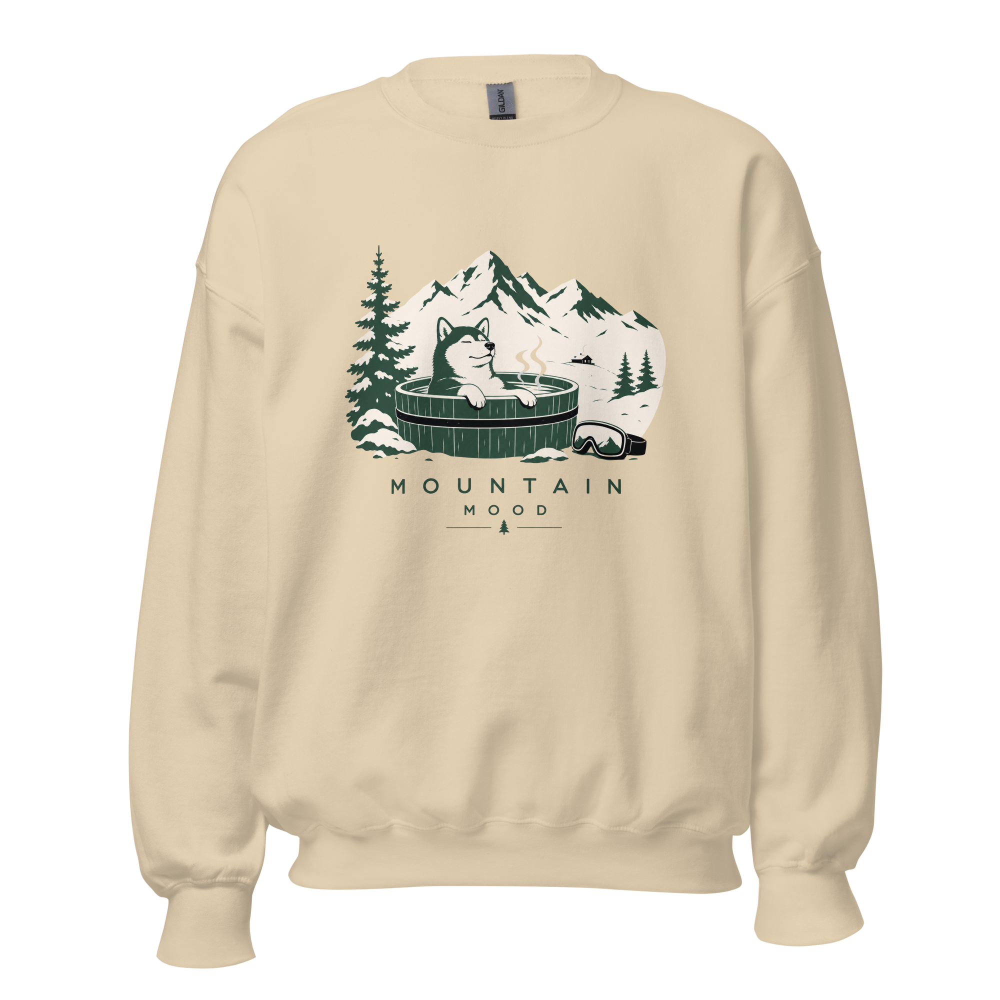 Sand colored sweatshirt with a graphic of a mountain scene and text 'Mountain Mood' on a white background.