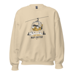 Sand colored sweatshirt with a graphic of a gondola lift and text 'Ski Fast, Nap Faster' on a white background