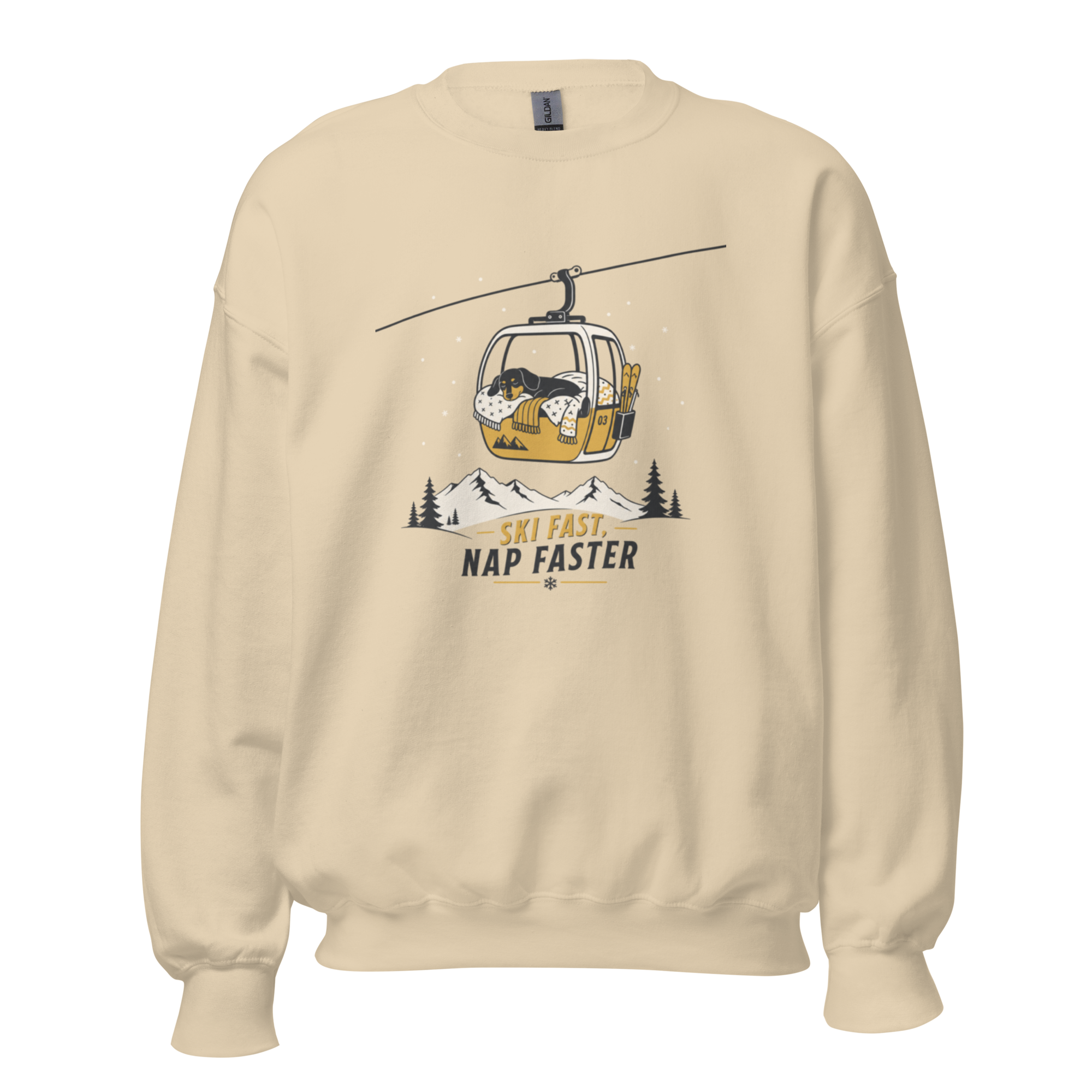 Sand colored sweatshirt with a graphic of a gondola lift and text 'Ski Fast, Nap Faster' on a white background