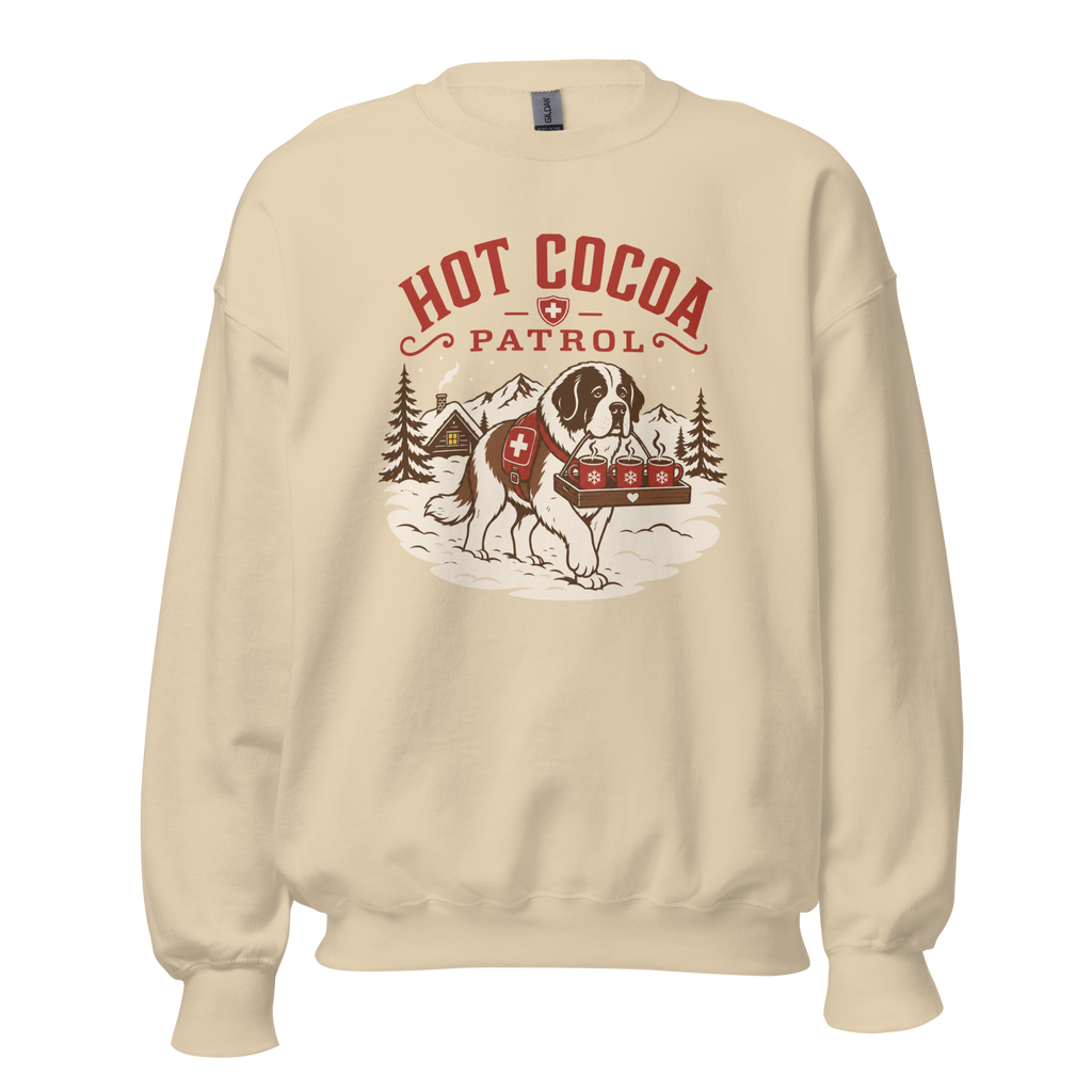 Sand colored sweater with 'HOT COCA PATROL' text and a dog carrying mugs.