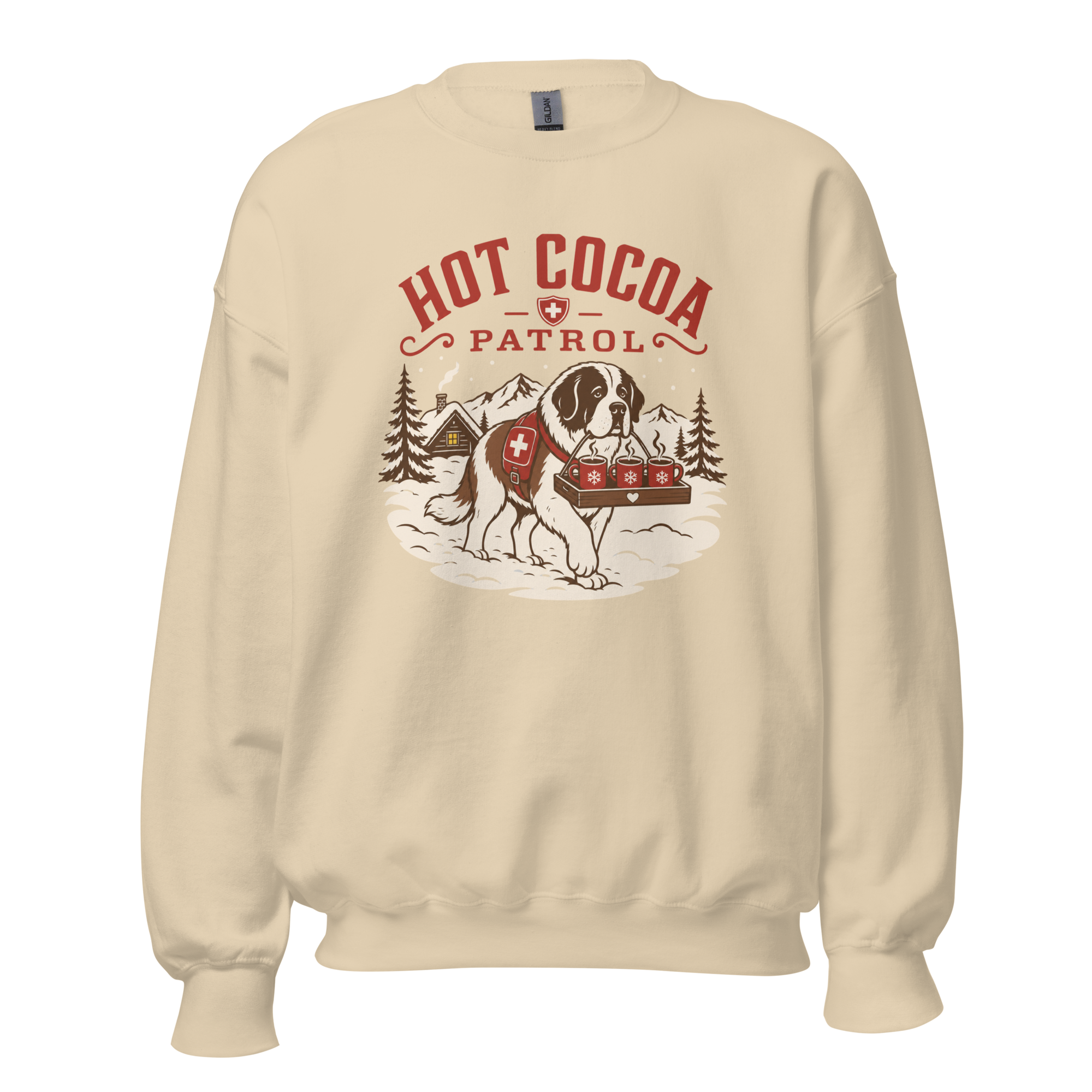 Sand colored sweater with 'HOT COCA PATROL' text and a dog carrying mugs.