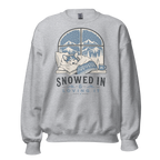 Sport gray sweatshirt with a graphic of a dog by a window and 'Snowed In, Loving It' text on a white background