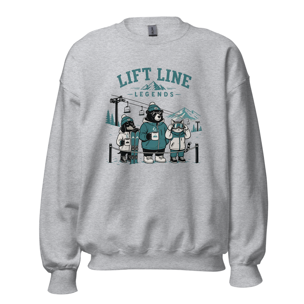 Sport grey sweatshirt with bear graphic and 'Lift Line Legends' text on a white background