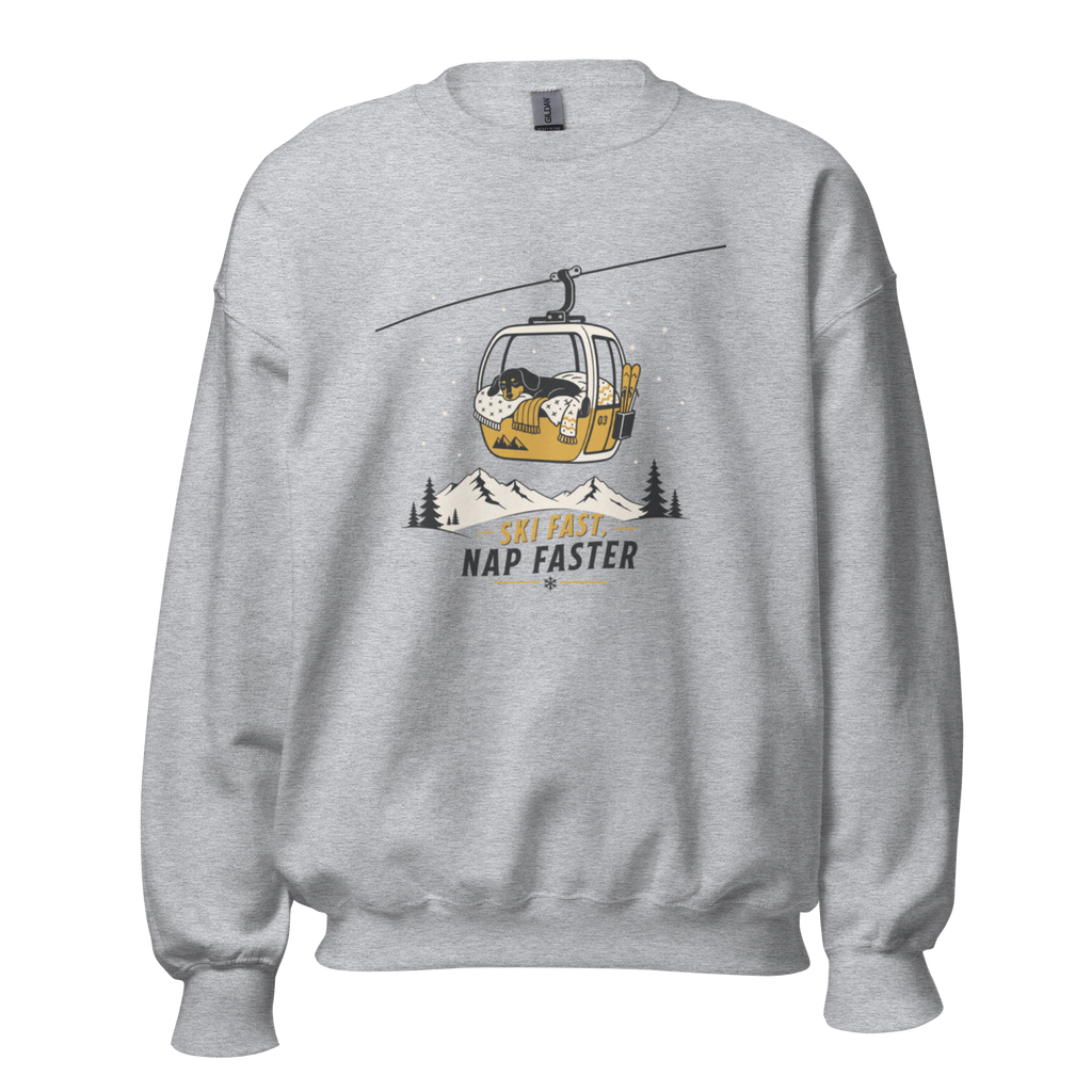Sport gray sweatshirt with a graphic of a ski lift and text 'Ski Fast Nap Faster' on a white background