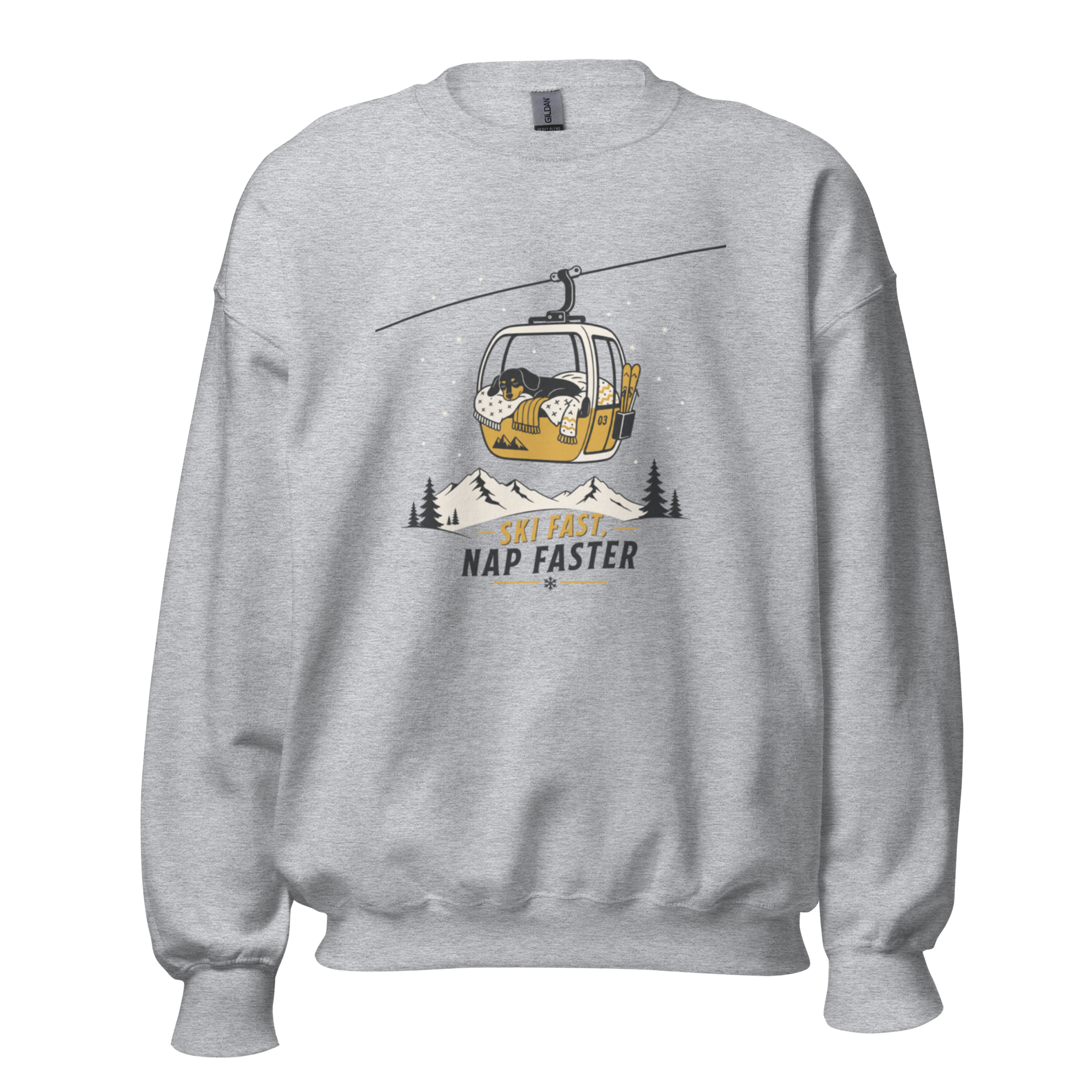 Sport gray sweatshirt with a graphic of a ski lift and text 'Ski Fast Nap Faster' on a white background