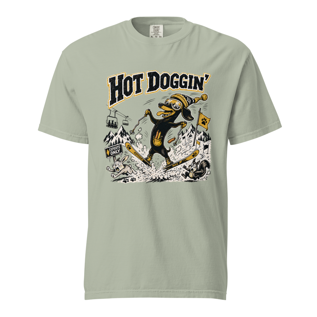 Light green t-shirt with a graphic design of a dog and text 'Hot Doggin'' on a white background